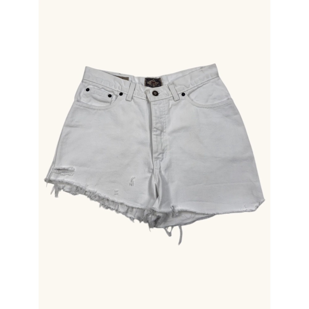 Vintage EXP Jeans Express White Denim Shorts High Waist Distressed Cut Off Sz 11